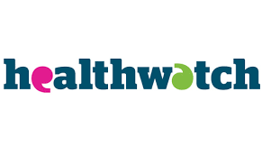 The logo for the organisation Healthwatch, the word 'Healthwatch' in blue text with some letters as purple and green quotation marks