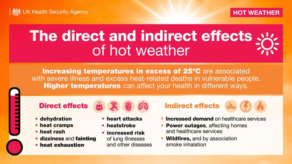 A UK Health Security Agency infographic on hot weather. In white text on an orange and red background, "The Direct and Indirect Effects of Hot Weather. Increasing temperatures in excess of 25 degrees Celsius are associated with severe illness and excess heat related deaths in vulnerable people. Higher temperatures can affect your health in different ways. Direct effects include dehydration, heat cramps, heat rash, dizziness and fainting, heat exhaustion, heart attacks, heatstroke, and increased risk of lung illnesses and other diseases. Indirect effects include increased demand on healthcare services, power outages, affecting homes and healthcare services, and wildfires, and by association smoke inhalation.